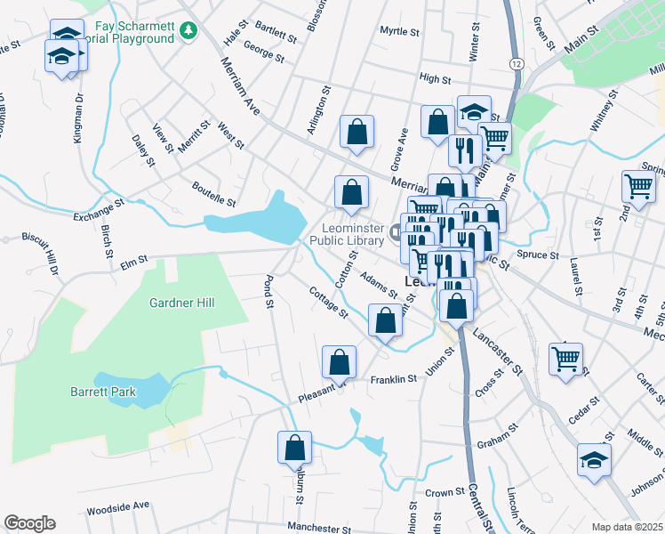 map of restaurants, bars, coffee shops, grocery stores, and more near 68 Cotton Street in Leominster