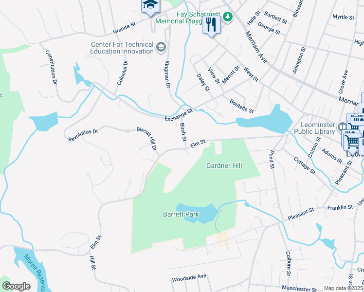 map of restaurants, bars, coffee shops, grocery stores, and more near 200 Elm Street in Leominster