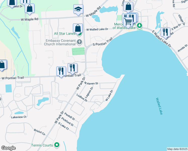 map of restaurants, bars, coffee shops, grocery stores, and more near 210 North Haven Street in Novi