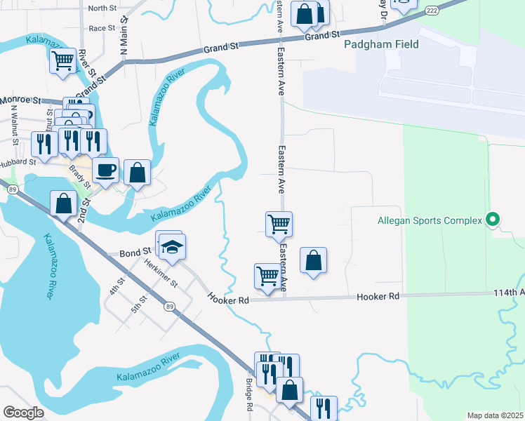 map of restaurants, bars, coffee shops, grocery stores, and more near 515 Streeter Street in Allegan