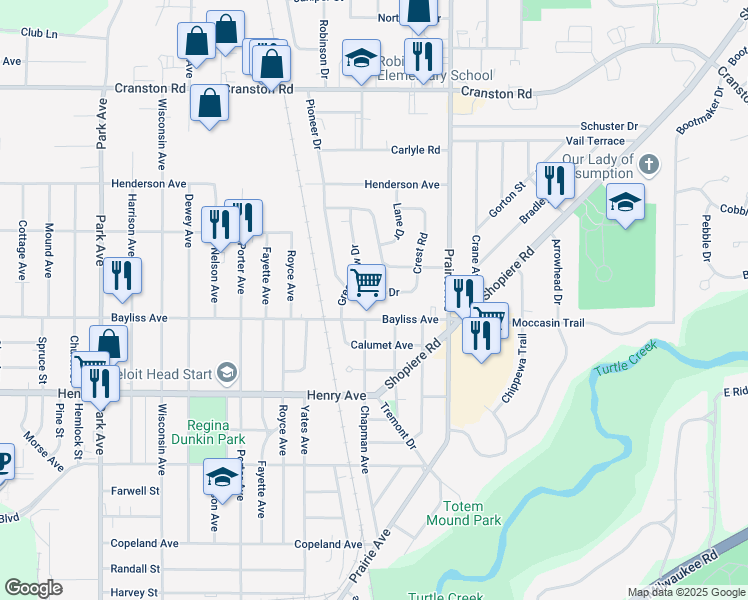 map of restaurants, bars, coffee shops, grocery stores, and more near 1878 Marion Court in Beloit
