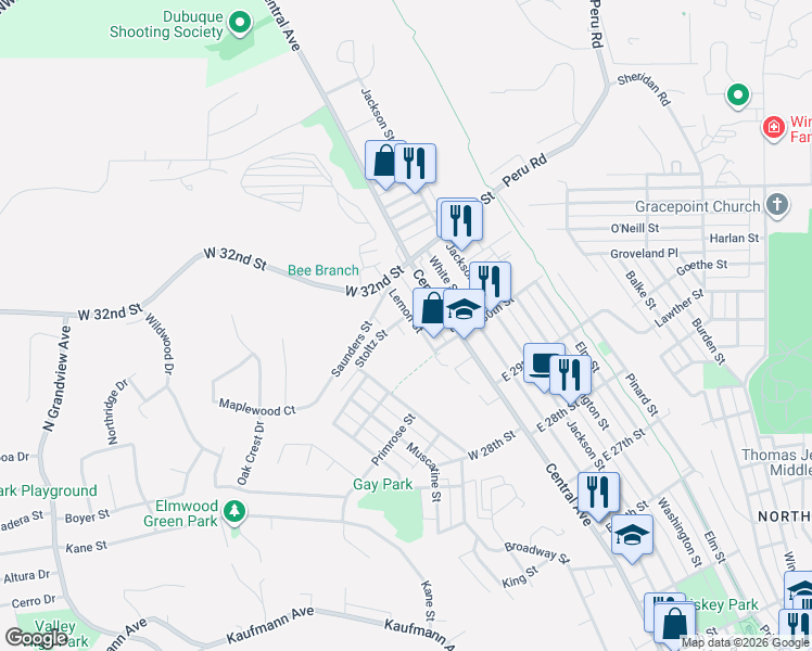 map of restaurants, bars, coffee shops, grocery stores, and more near 3035 Lemon St in Dubuque