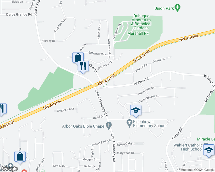 map of restaurants, bars, coffee shops, grocery stores, and more near 3172 West 32nd Street in Dubuque
