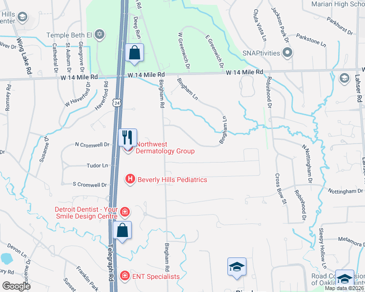 map of restaurants, bars, coffee shops, grocery stores, and more near 32300 Bingham Road in Bingham Farms
