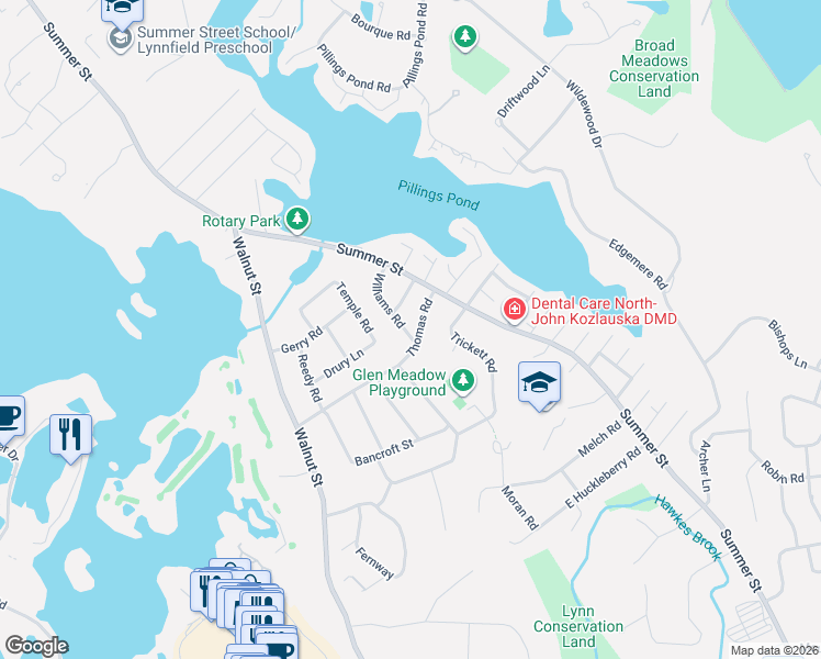 map of restaurants, bars, coffee shops, grocery stores, and more near 18 Williams Road in Lynnfield