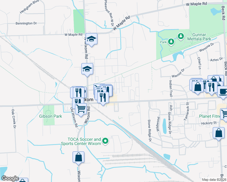map of restaurants, bars, coffee shops, grocery stores, and more near 159 Center Boulevard in Wixom