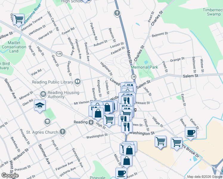 map of restaurants, bars, coffee shops, grocery stores, and more near 3 Mount Vernon Street in Reading