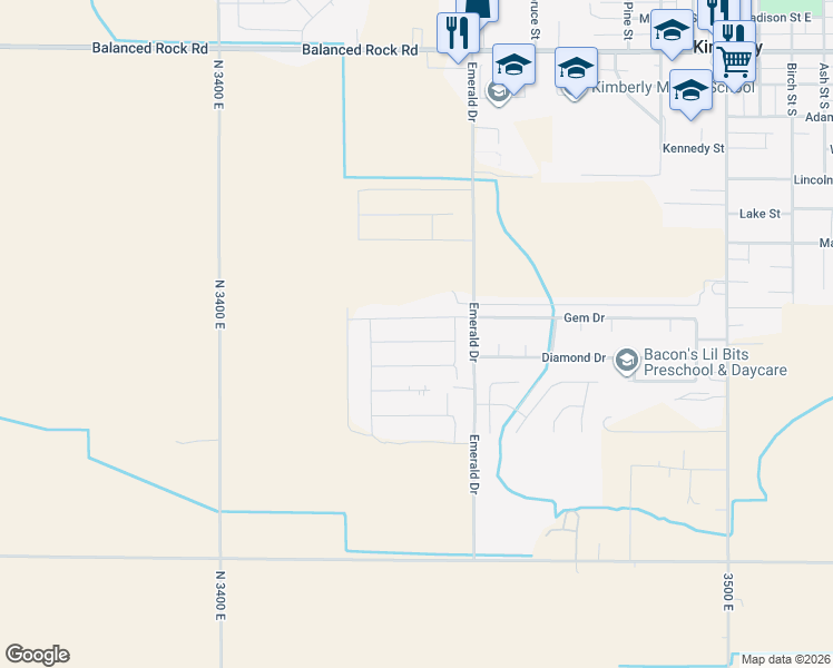 map of restaurants, bars, coffee shops, grocery stores, and more near 3647 North 3450 East in Kimberly