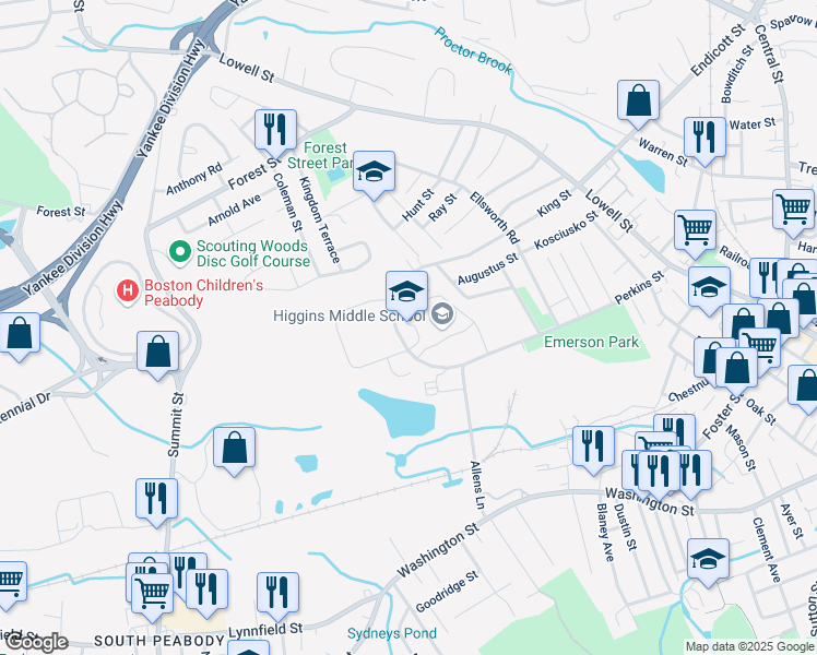 map of restaurants, bars, coffee shops, grocery stores, and more near 85 Perkins Street in Peabody