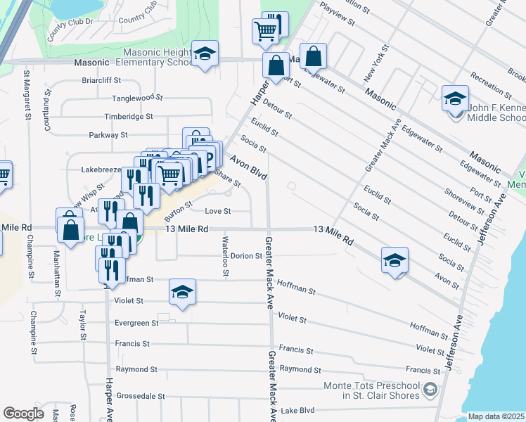 map of restaurants, bars, coffee shops, grocery stores, and more near 22404 13 Mile Road in St. Clair Shores