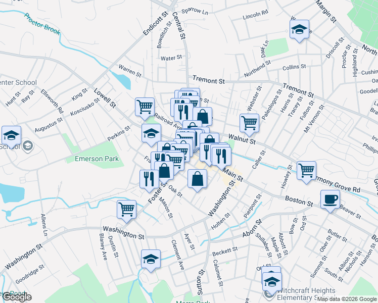 map of restaurants, bars, coffee shops, grocery stores, and more near 9 Peabody Square in Peabody