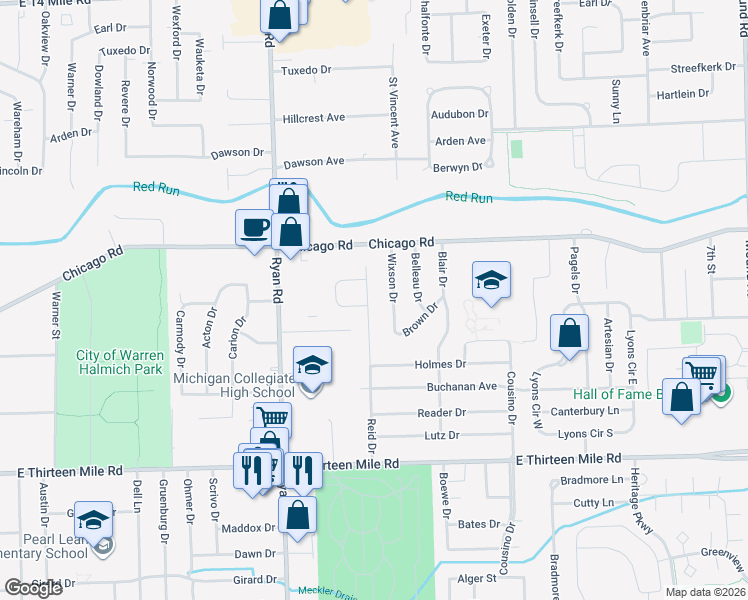 map of restaurants, bars, coffee shops, grocery stores, and more near 31612 Reid Drive in Warren