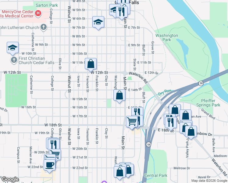 map of restaurants, bars, coffee shops, grocery stores, and more near 1422 Washington Street in Cedar Falls