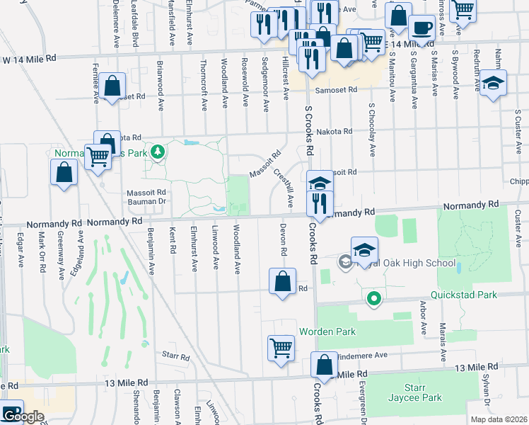 map of restaurants, bars, coffee shops, grocery stores, and more near 4115 Devon Road in Royal Oak