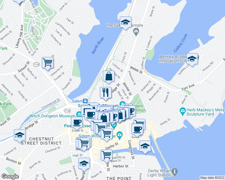 map of restaurants, bars, coffee shops, grocery stores, and more near 50 Saint Peter Street in Salem