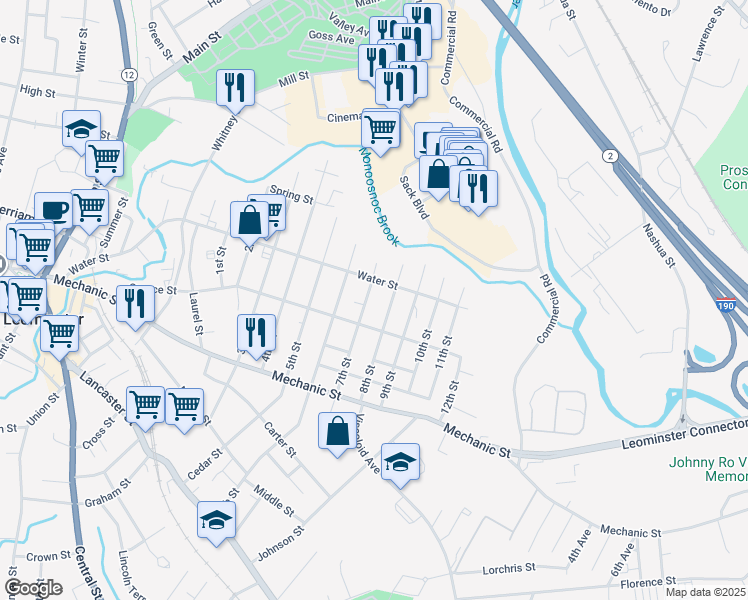 map of restaurants, bars, coffee shops, grocery stores, and more near 126 8th Street in Leominster