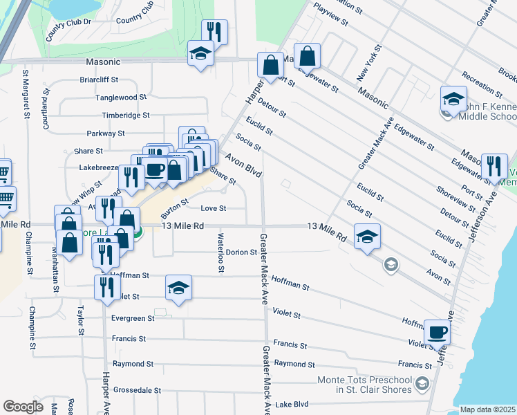 map of restaurants, bars, coffee shops, grocery stores, and more near 22404 13 Mile Road in St. Clair Shores
