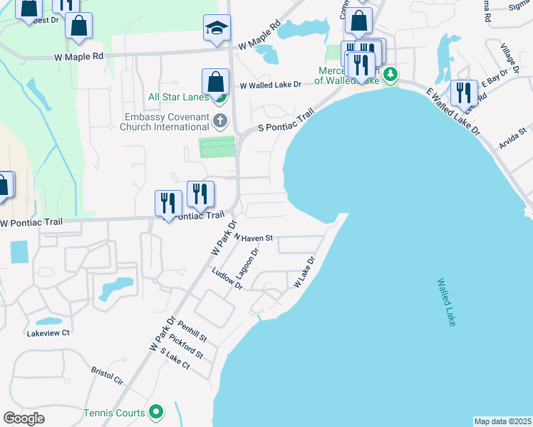 map of restaurants, bars, coffee shops, grocery stores, and more near 210 North Haven Street in Novi