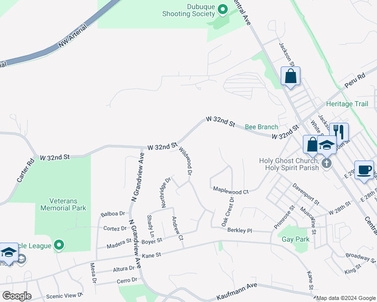map of restaurants, bars, coffee shops, grocery stores, and more near 2955 Wildwood Drive in Dubuque