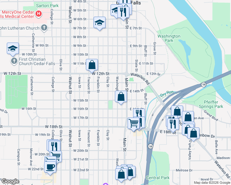 map of restaurants, bars, coffee shops, grocery stores, and more near 1422 Washington Street in Cedar Falls