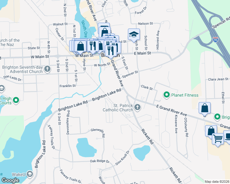 map of restaurants, bars, coffee shops, grocery stores, and more near 123 Brighton Lake Road in Brighton