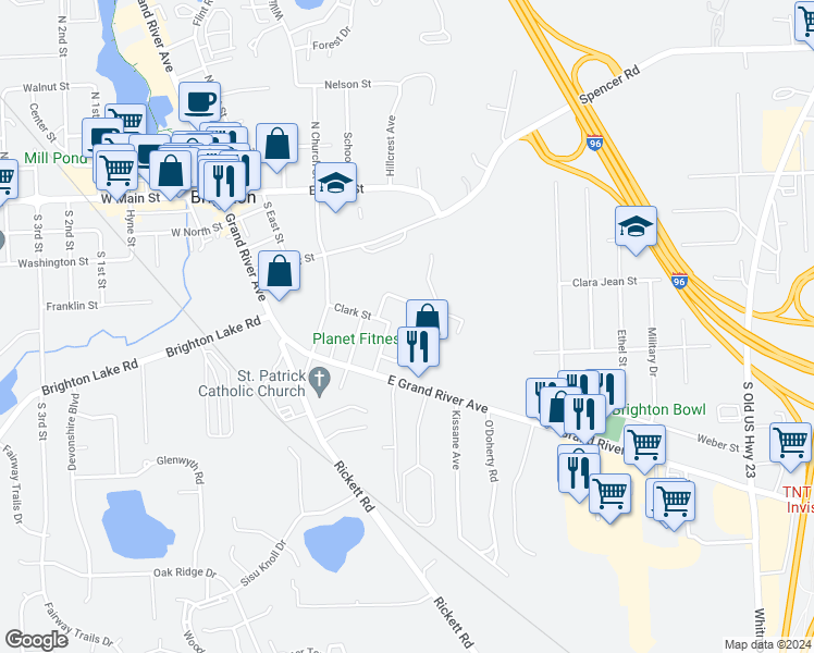 map of restaurants, bars, coffee shops, grocery stores, and more near 833 East Grand River Avenue in Brighton