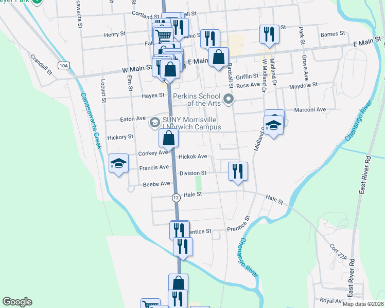 map of restaurants, bars, coffee shops, grocery stores, and more near 9 Division St in Norwich