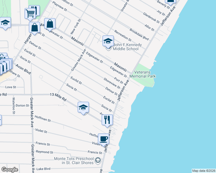 map of restaurants, bars, coffee shops, grocery stores, and more near 23141 Euclid Street in St. Clair Shores