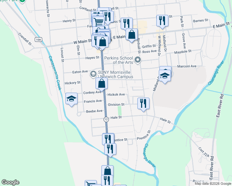 map of restaurants, bars, coffee shops, grocery stores, and more near 17 Hickok Avenue in Norwich