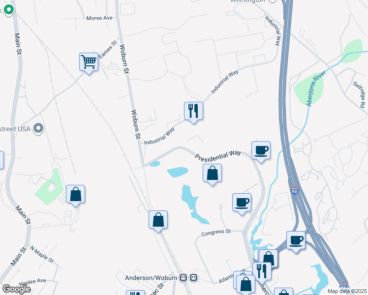 map of restaurants, bars, coffee shops, grocery stores, and more near 120 Presidential Way in Woburn