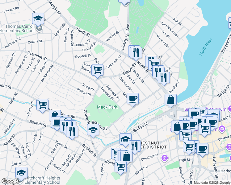 map of restaurants, bars, coffee shops, grocery stores, and more near 7 Churchill Street in Salem