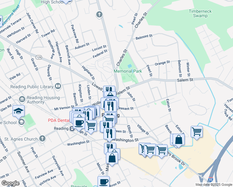 map of restaurants, bars, coffee shops, grocery stores, and more near 749 Main Street in Reading