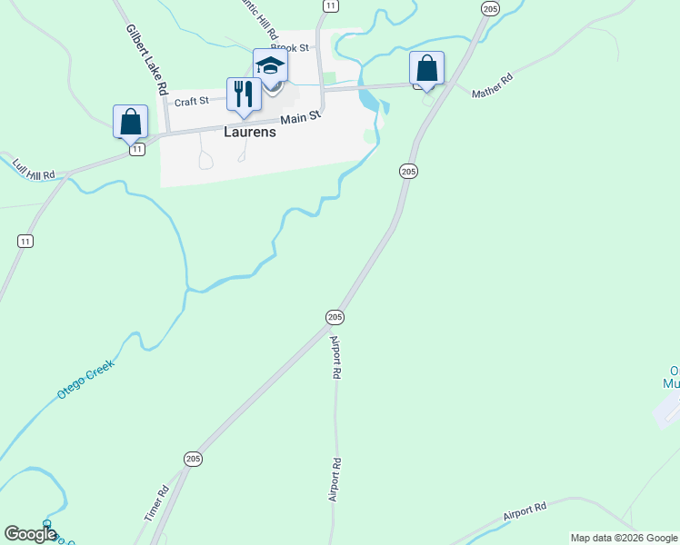 map of restaurants, bars, coffee shops, grocery stores, and more near Highway 205 in Oneonta