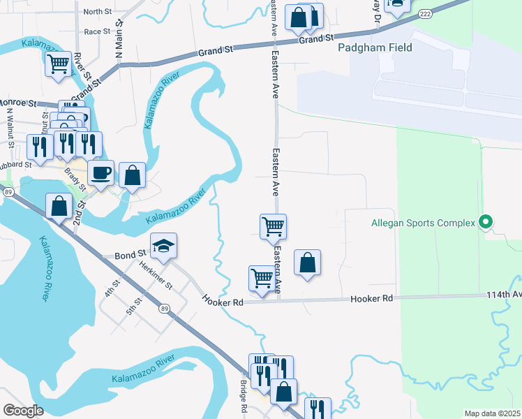 map of restaurants, bars, coffee shops, grocery stores, and more near 515 Streeter Street in Allegan