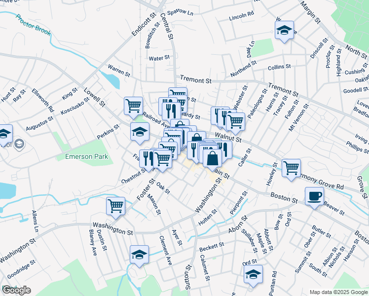 map of restaurants, bars, coffee shops, grocery stores, and more near 31 Main Street in Peabody