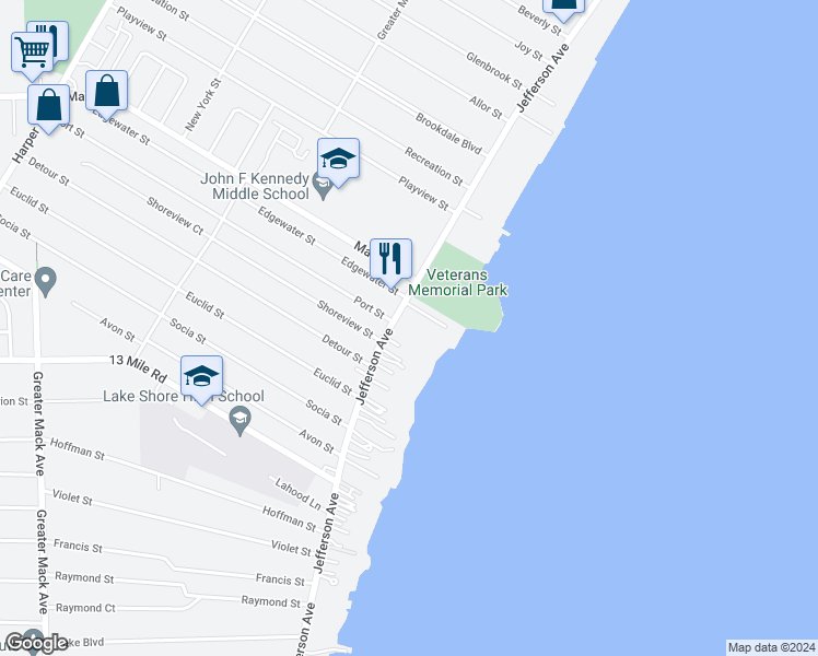 map of restaurants, bars, coffee shops, grocery stores, and more near 204 Lac Ste Claire Drive in Saint Clair Shores