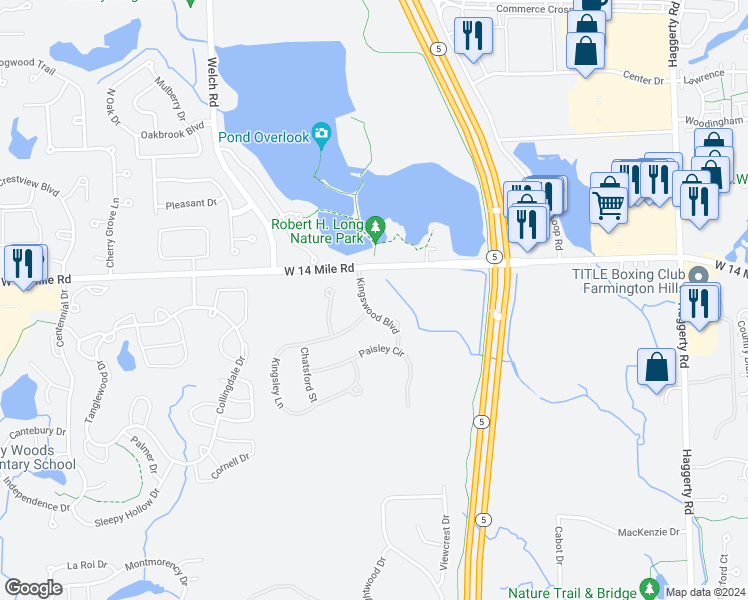 map of restaurants, bars, coffee shops, grocery stores, and more near 31216 Kingswood Boulevard in Novi