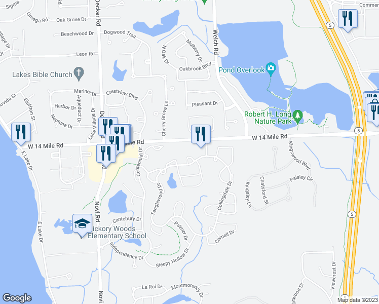map of restaurants, bars, coffee shops, grocery stores, and more near 41625 West 14 Mile Road in Novi