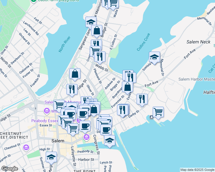map of restaurants, bars, coffee shops, grocery stores, and more near 25 Pickman Street in Salem