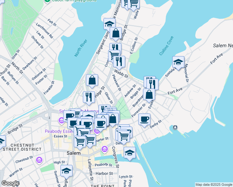 map of restaurants, bars, coffee shops, grocery stores, and more near 3 Parker Court in Salem