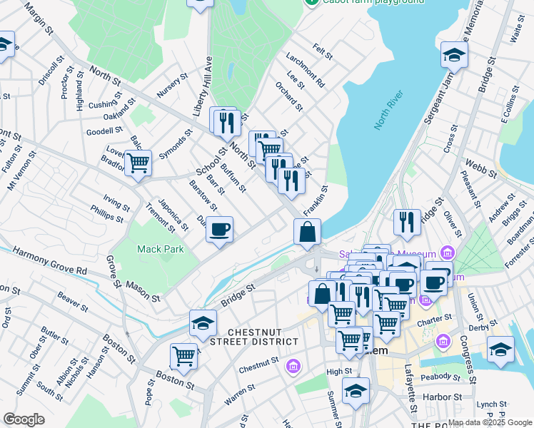 map of restaurants, bars, coffee shops, grocery stores, and more near 111 North Street in Salem