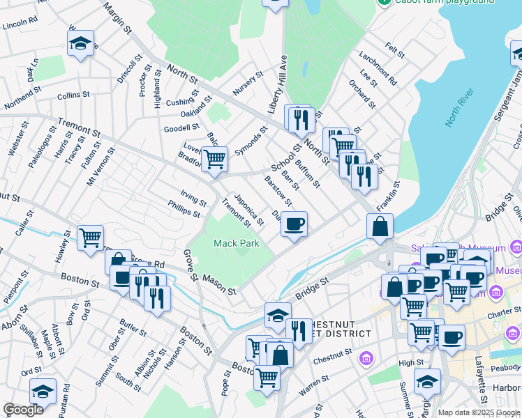 map of restaurants, bars, coffee shops, grocery stores, and more near 44 Dunlap Street in Salem