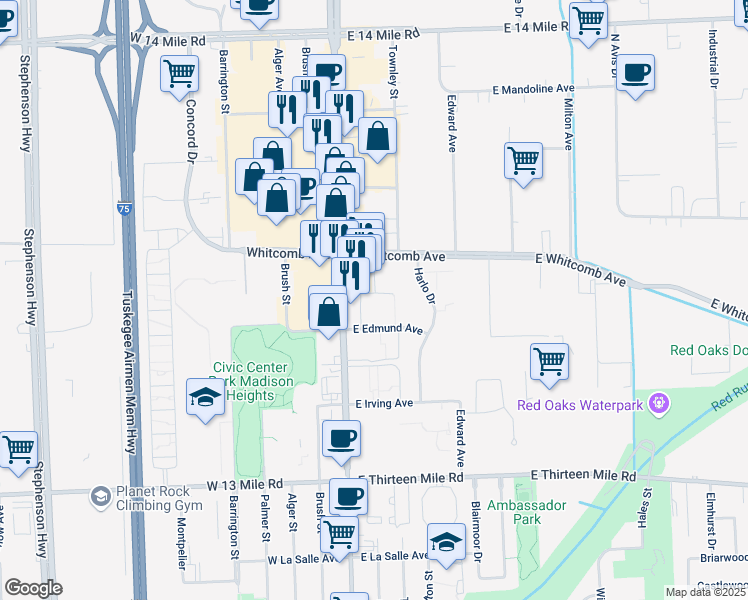 map of restaurants, bars, coffee shops, grocery stores, and more near 31632 John R Rd in Madison Heights