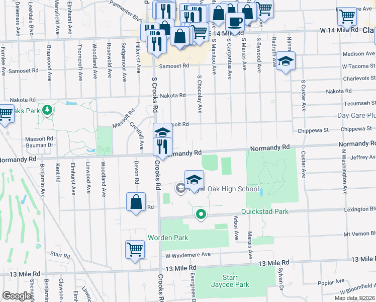 map of restaurants, bars, coffee shops, grocery stores, and more near 806 South Webik Avenue in Clawson