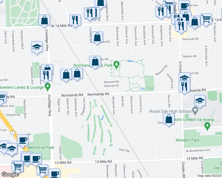 map of restaurants, bars, coffee shops, grocery stores, and more near 2471 Massoit Road in Royal Oak