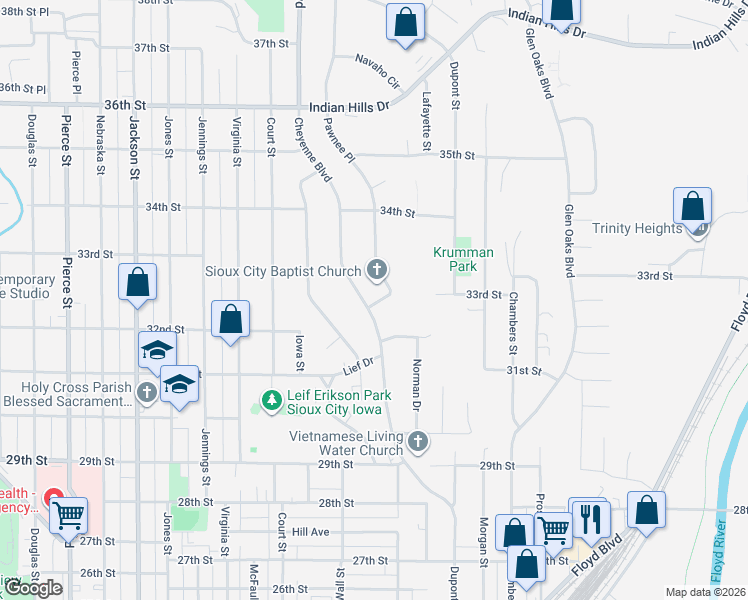 map of restaurants, bars, coffee shops, grocery stores, and more near 3200 Pawnee Place in Sioux City