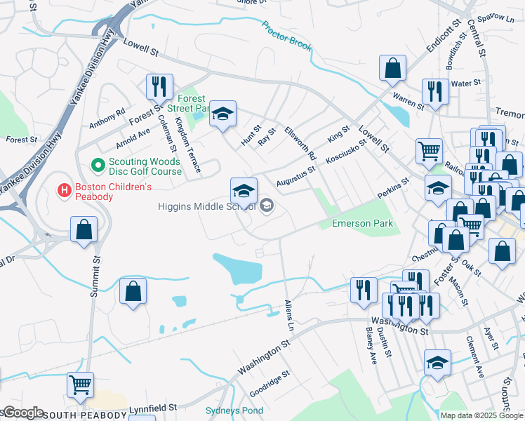 map of restaurants, bars, coffee shops, grocery stores, and more near 85 Perkins Street in Peabody