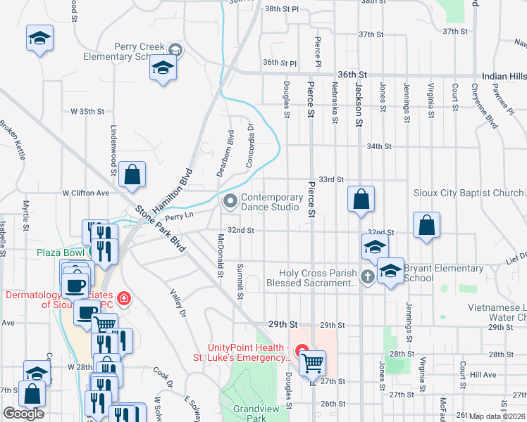 map of restaurants, bars, coffee shops, grocery stores, and more near 3236 Grandview Boulevard in Sioux City