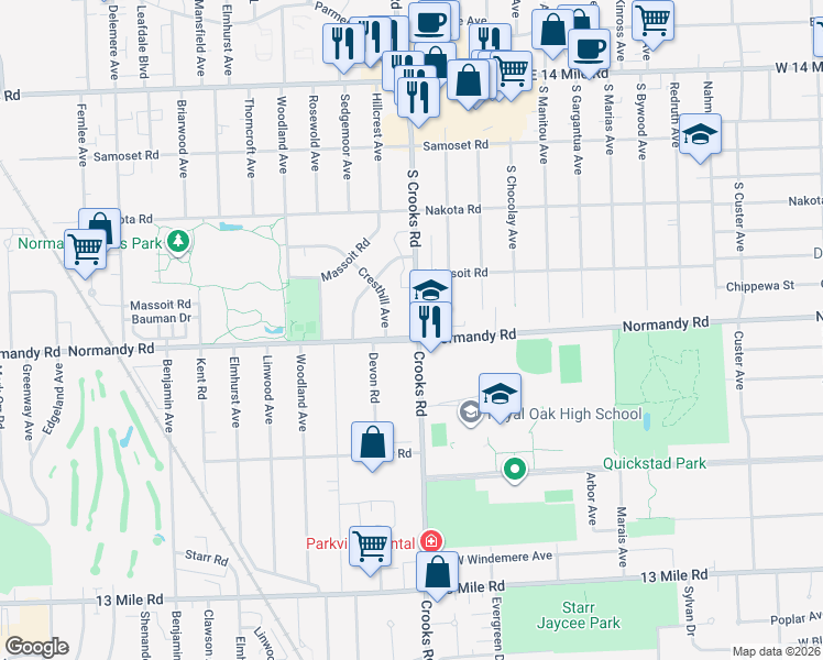 map of restaurants, bars, coffee shops, grocery stores, and more near 4071 Crooks Road in Royal Oak