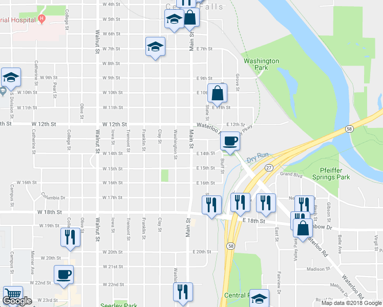 map of restaurants, bars, coffee shops, grocery stores, and more near 101 East 14th Street in Cedar Falls
